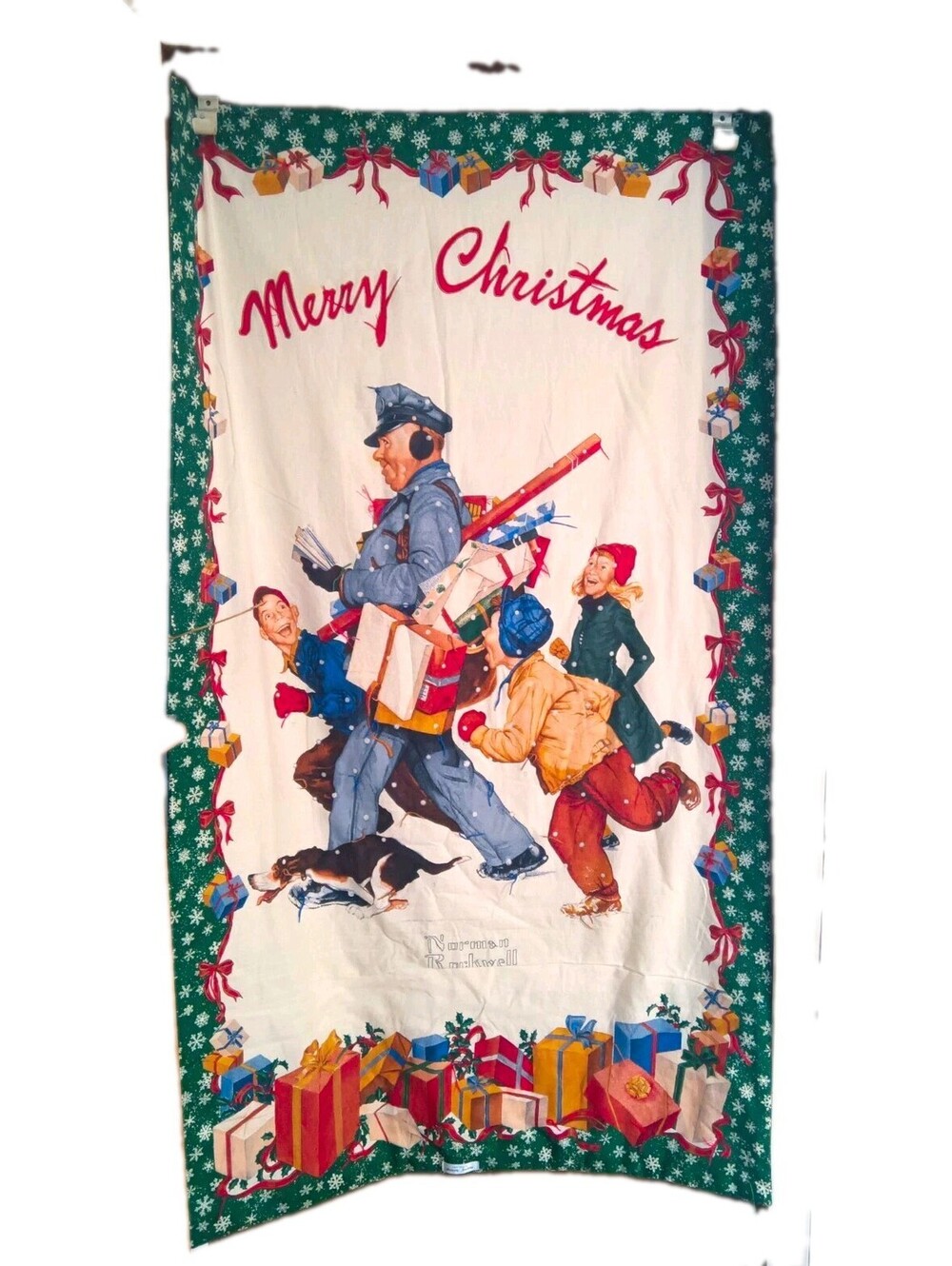 Vintage Norman Rockwell Double Sided Quilt 58x34" Christmas Door Hanging Postman